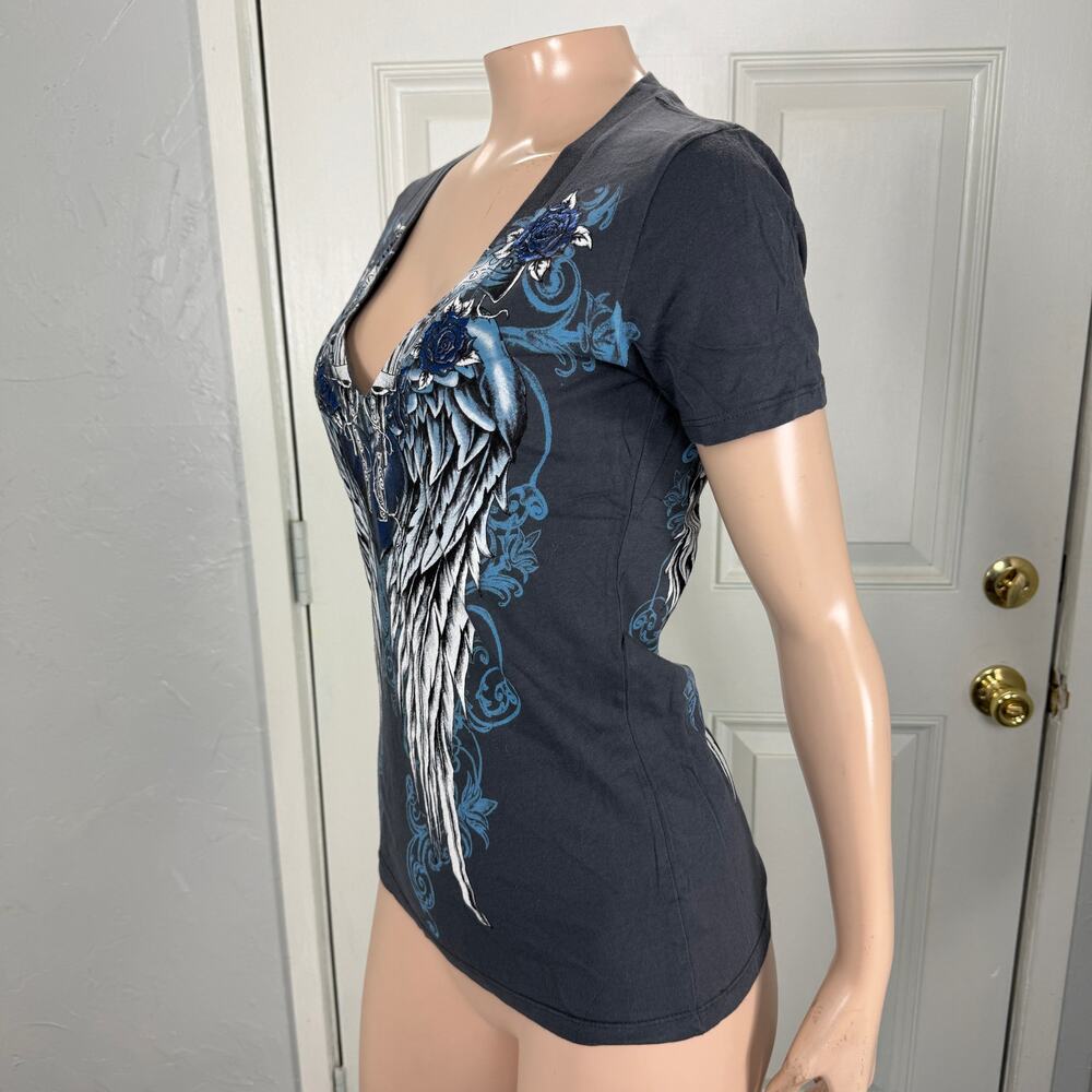 Vintage y2K Brad Butter Shirt Medium Biker Wings Cotton T-shirt S/S Floral X4-10 - Picture 3 of 7